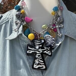 NWT Chunky Zebra Western Cowgirl Funky Cross Charm Necklace